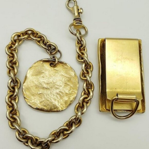 DONNA KARAN Vintage Gold Tone Belt Clip & Hanging Charm Medallion